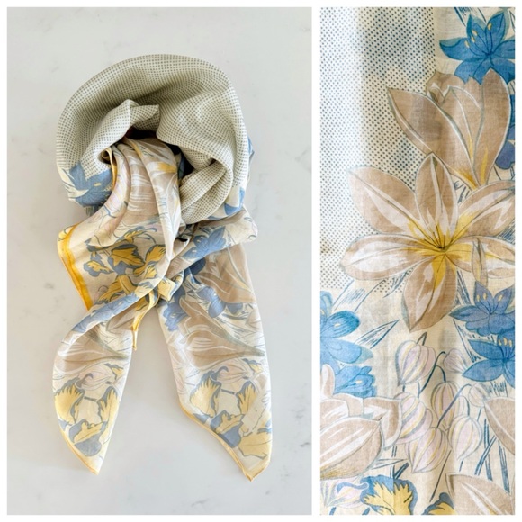70s Vintage Anne Klein Swiss Dot & Floral Print Cottagecore Cotton Scarf Wrap - Picture 1 of 17